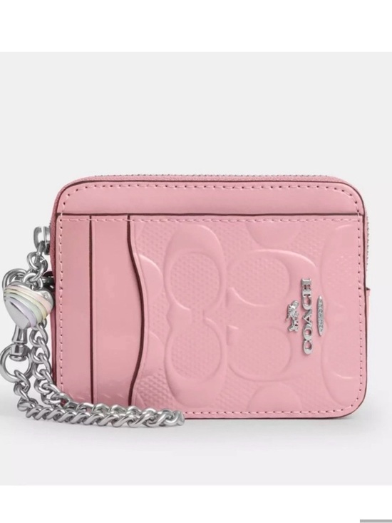 Coach Accessories - Coach Pink Signature Card Holder with Silver Chain and Heart Charm